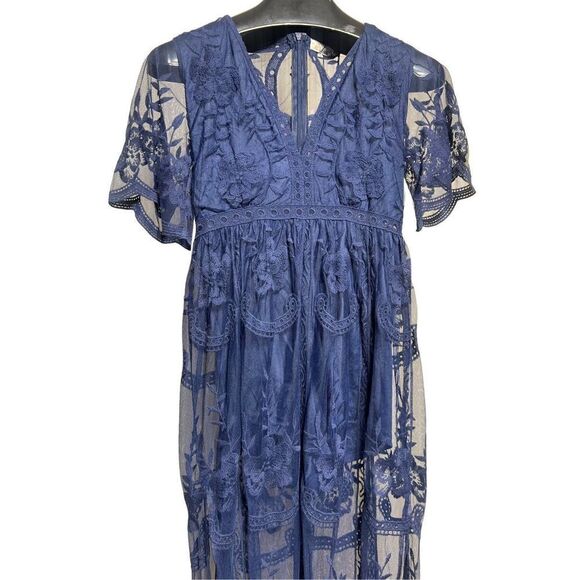 ELeter NWT Sexy V Neck Blue Lace Romper Short Sleeve Maxi Dress Small - Picture 3 of 6